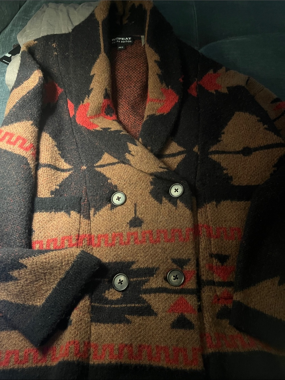 Repeat Edition Shawl-Collar Patterned Wool-Blend Peacoat in Brown/Black/Red